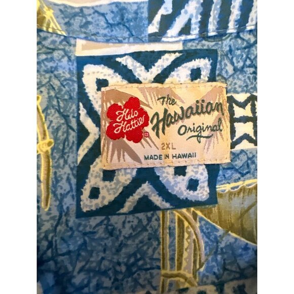 Hilo Hattie Hawaiian Shirt Mens 2XL Blue & Yellow Floral Geometric Pattern Short - Picture 3 of 6